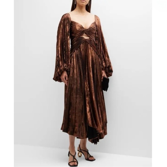 Acler Auroa Midi Dress Metallic Twist Front Pleated Bronze Size 6 NEW - Picture 1 of 16